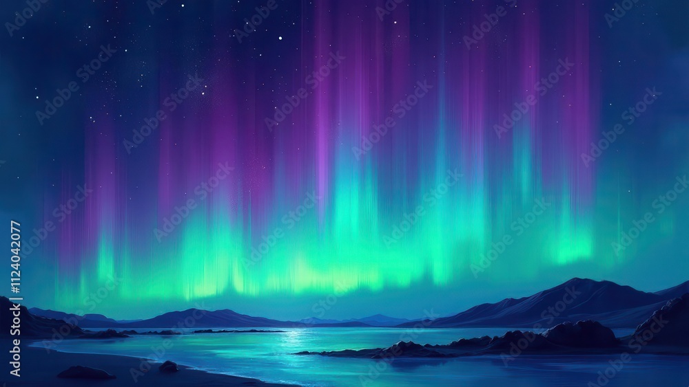 Fototapeta premium Glowing Polar Gradients.Digital rendering of the aurora borealis featuring bold strokes of violet and emerald against a starry sky. The artwork is precise and clear, offering an atmospheric vibe with 