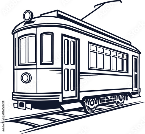 Retro Style Black and White Illustration of a Railway Carriage Silhouette on Tracks with Detailed Windows Doors and Overhead Trolley Pole Design
