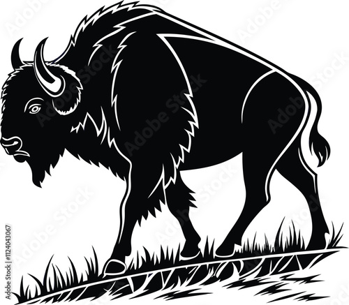striking black and white illustration of a bison or American buffalo Silhouette stuff in the grass
