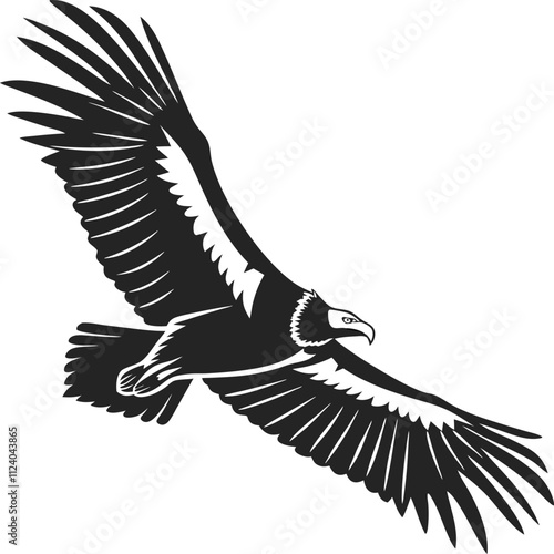 A stylized illustration of a condor or eagle - California Condor in flight designed in a bold black and white silhouette style 
