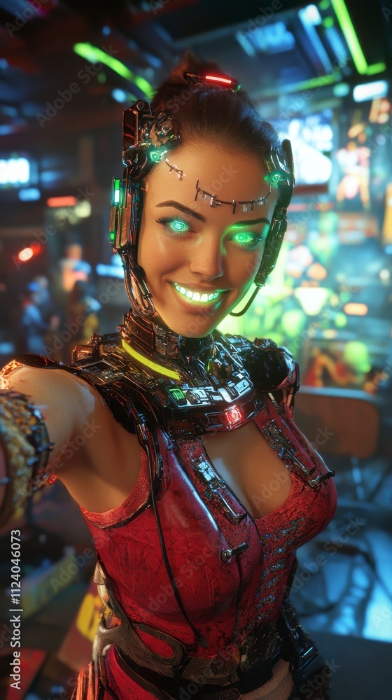 Obraz premium Futuristic cyborg woman with glowing features