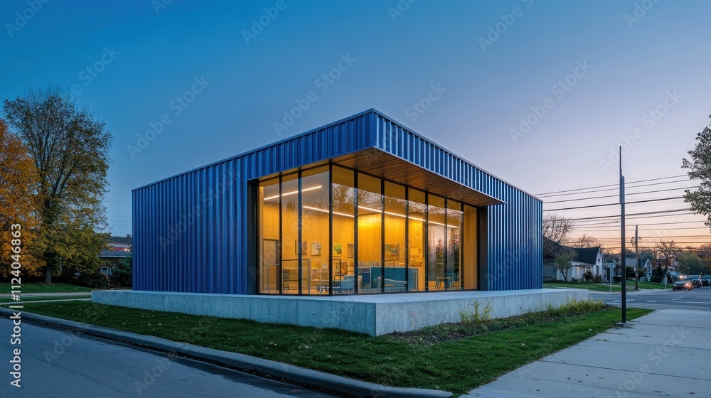 Fototapeta premium Modern blue building with large glass windows at dusk.