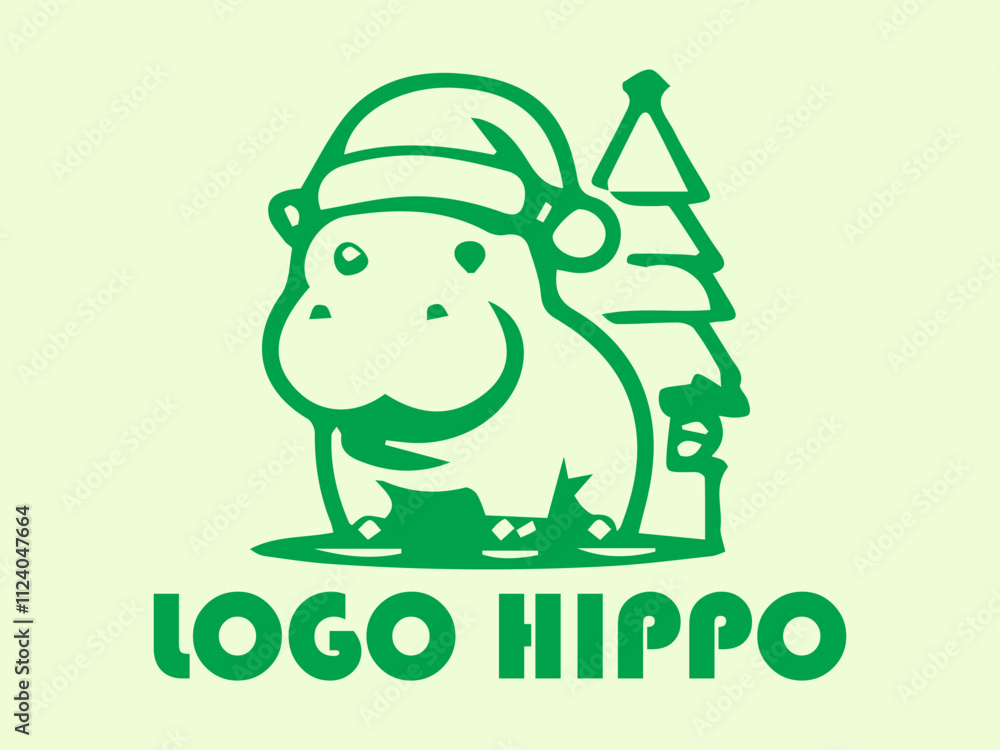 Fototapeta premium Green hippo with hat beside mini Christmas tree, perfect for holiday greeting cards, festive designs, childrens illustrations, and seasonal graphics