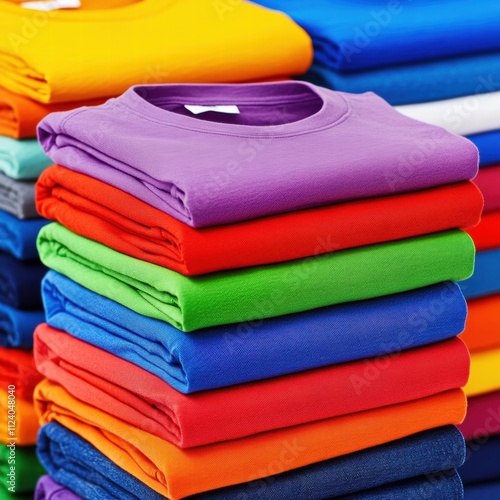 Colorful t-shirt stacks display retail store product photography indoor environment close-up view fashion appeal