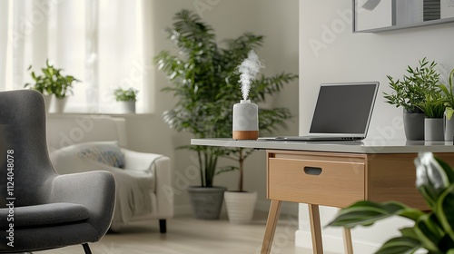 Wallpaper Mural Comfortable and Well-Lit Workspace Featuring a Laptop, Indoor Plants, and Fragrant Chai for an Inspiring Home Office Environment Torontodigital.ca