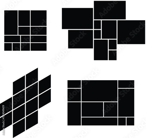 Set of 4 empty photo collage. Grid and mosaic mood board pattern presentation. Rectangle for wall display.