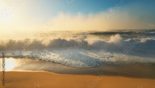 The concept of happiness and new beginnings: Ocean waves crashing gently on a sunny beach, peace and renewal in focus. photo