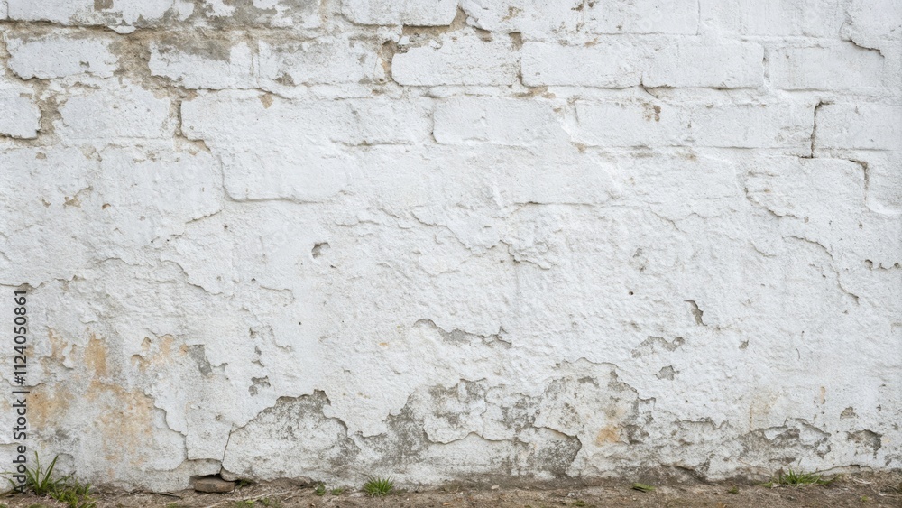 Obraz premium Textured White Brick Wall with Peeling Plaster and Ground