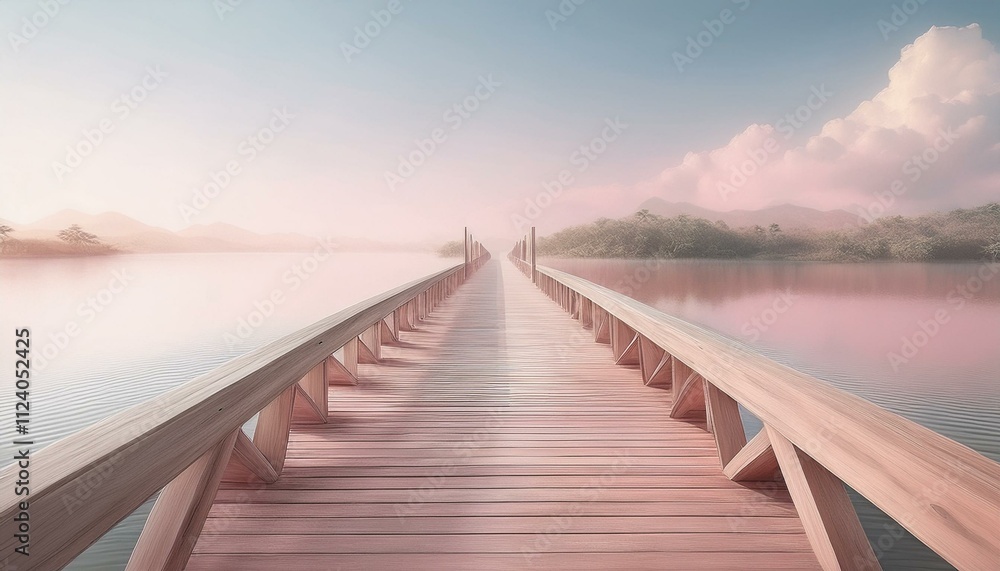 Obraz premium The concept of happiness and new beginnings: Rustic wooden bridge over a tranquil river, starting a serene journey.