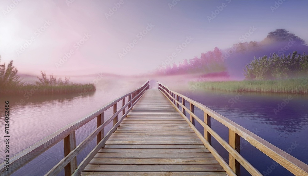 Obraz premium The concept of happiness and new beginnings: Rustic wooden bridge over a tranquil river, starting a serene journey.
