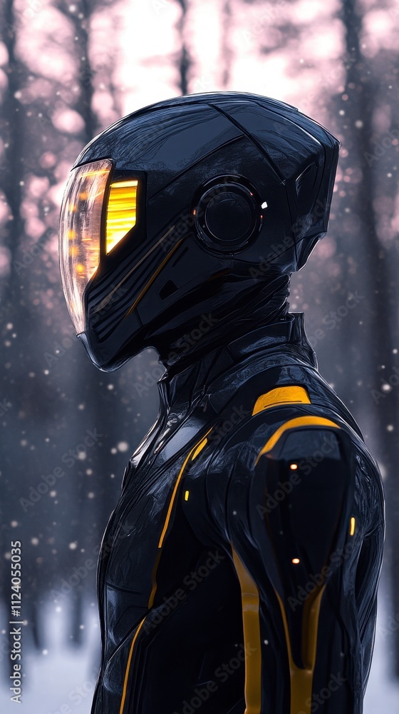 Fototapeta premium Futuristic figure in a snowy forest at dusk