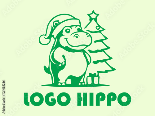 Green hippo with hat beside mini Christmas tree, perfect for holiday greeting cards, festive designs, childrens illustrations, and seasonal graphics photo