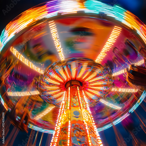 Whirling ride adventure amusement park motion photography nighttime bokeh effects dynamic atmosphere