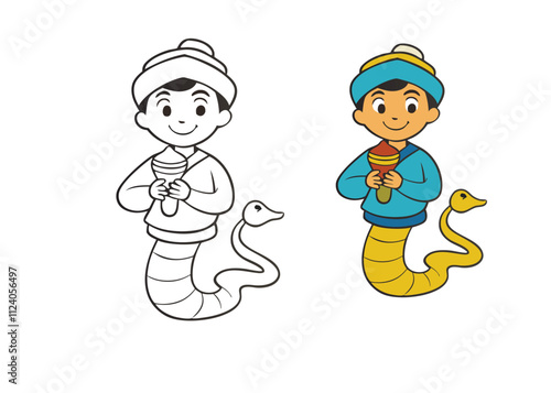A fun coloring page featuring a snake charmer playing a flute with a coiled snake rising from a basket, surrounded by playful patterns and nature elements for kids to enjoy!