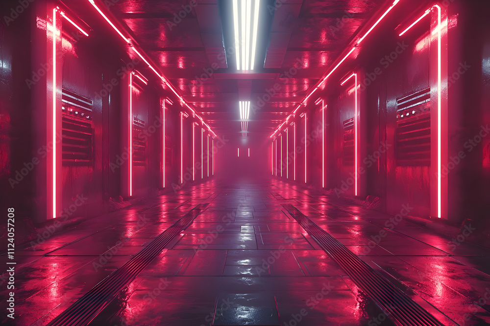 Neon Lights Illuminate Futuristic Corridor Mysteriously Neon Lights Illuminate Futuristic Corridor Mysteriously