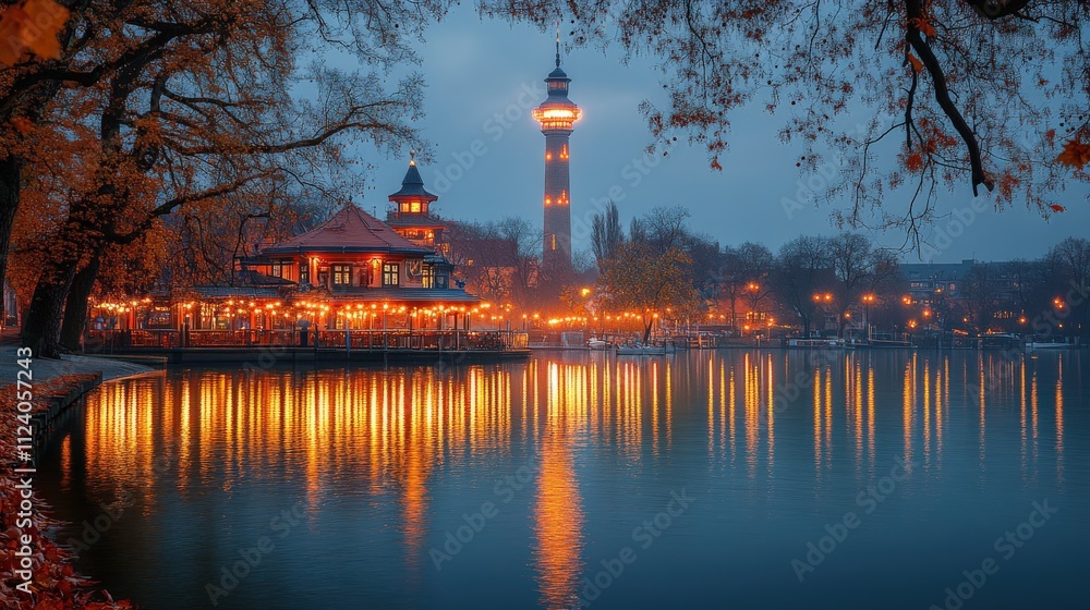 Obraz premium Serene lakeside view at dusk with illuminated buildings and reflections.
