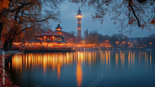 Serene lakeside view at dusk with illuminated buildings and reflections.