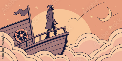 Man in cowl, magician floating on ship in clouds at sunset sky with stars. Digital painting, 3D rendering
