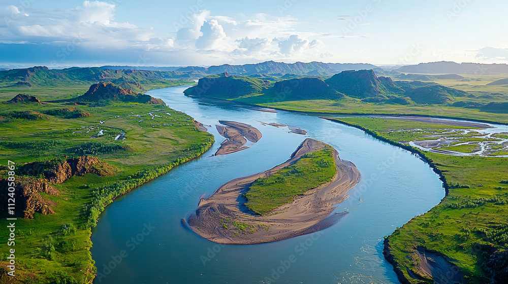 Fototapeta premium serene aerial view of winding river flowing through lush green plains and hills under bright blue sky with scattered clouds, showcasing beauty of nature