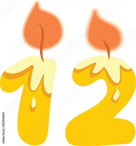 Number Twelve Shaped Candle Vector Cartoon Design Illustration. Numerical designed celebratory decor for birthday event 
