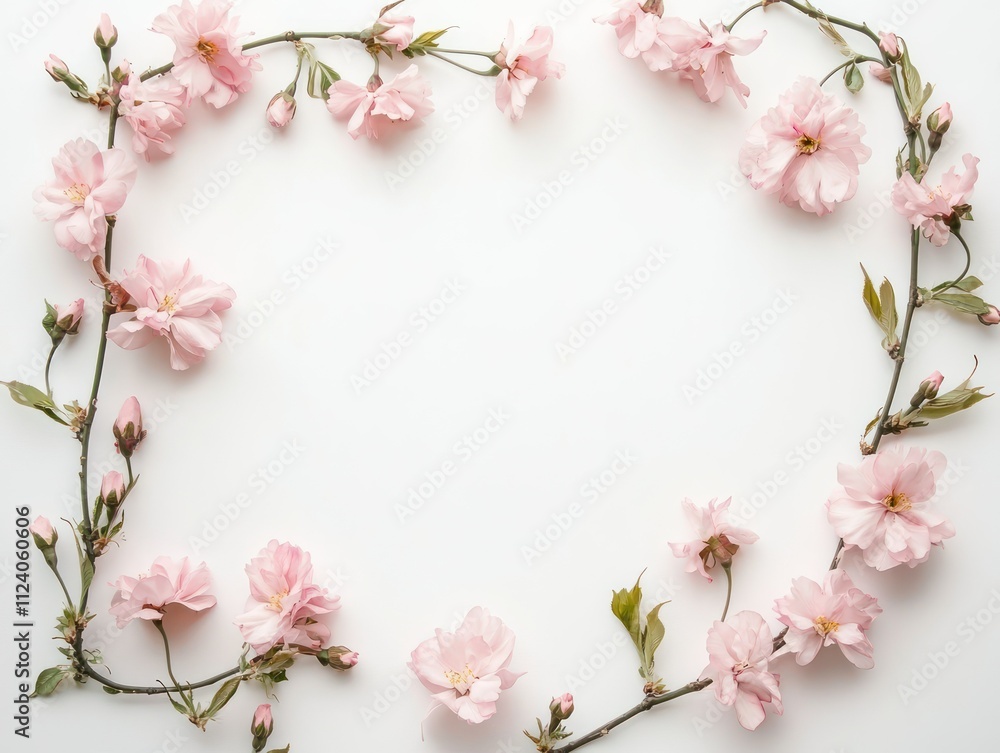 Fototapeta premium A delicate wedding frame with blooming cherry blossoms in soft pink hues, accented with slender green branches isolated on a white background
