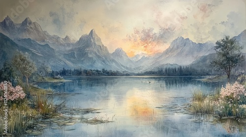 Serene mountain landscape with a tranquil lake reflecting a colorful sunset.