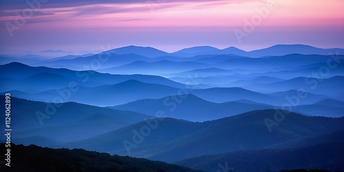 View of Blue Ridge Mountains (near) and Appalachian Mountains (distance) from overlook on Skyline Drive in Shenandoah National Park, Virginia, USA, in late September.