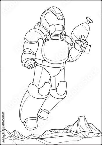 Children's coloring book with a black and white outline robot theme.