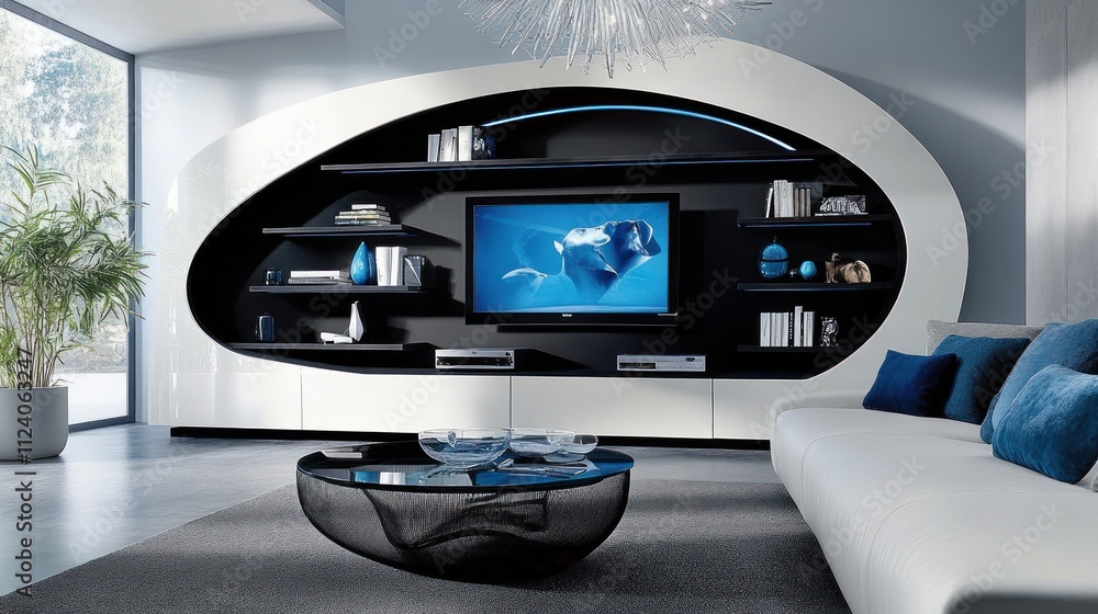 Modern living room with curved media wall, TV, shelves, sofa, and coffee table. Modern living room with curved media wall, TV, shelves, sofa, and coffee table.