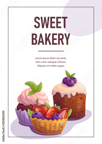 Template with cupcakes and berries for baking party, birthday invitation, flyer, sweet food banner. Space for text. Vector illustration.