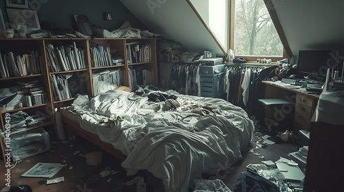 A Messy Attic Bedroom with Overwhelmed Bookshelves and a Cluttered Workspace Near a Window