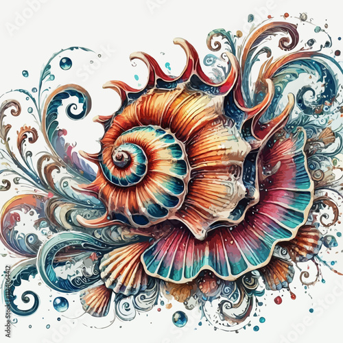 Colorful Seashell Art: Whimsical Vintage Marine Illustration with Textured Ocean Patterns