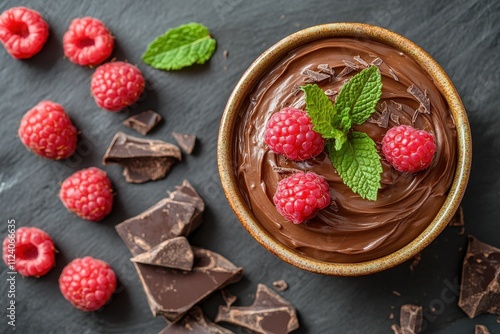 Rich chocolate mousse topped with fresh raspberries and mint. Perfect for dessert menus, food blogs, or recipes showcasing decadent treats. photo