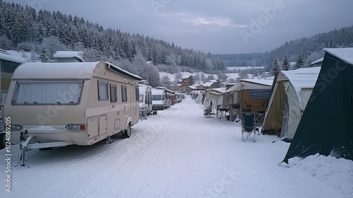 Snow-covered campsite with caravans and tents in a winter landscape.
