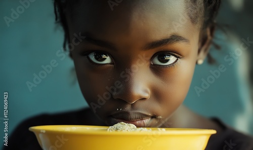 Black African child and food, hunger concept photo