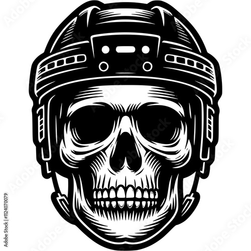 Human skull wearing protective hockey helmet front view in monochrome. Simple minimalistic vector in black ink drawing on transparent background