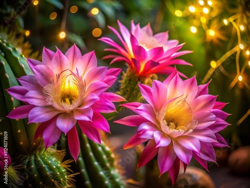 Stunning Low Light Photography of Pink Epiphyllum Cactus Flowers, Showcasing the Beauty of Disocactus ackermannii with Delicate Petals and Soft Illumination photo