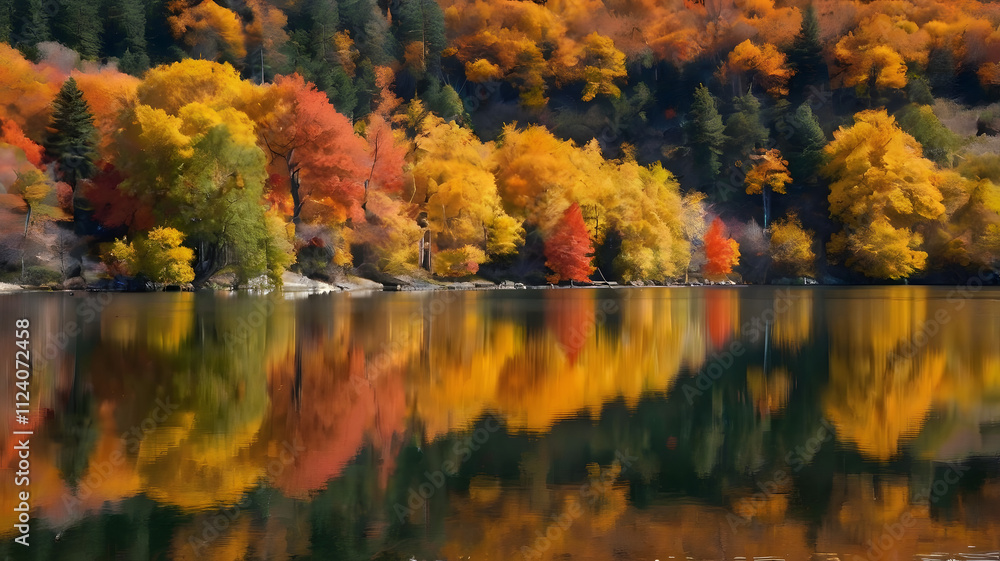 Fototapeta premium Autumnal Reflection: A serene lake mirrors the vibrant hues of an autumnal forest, creating a breathtaking spectacle of nature's artistry. The tranquil scene evokes a sense of peace and wonder.