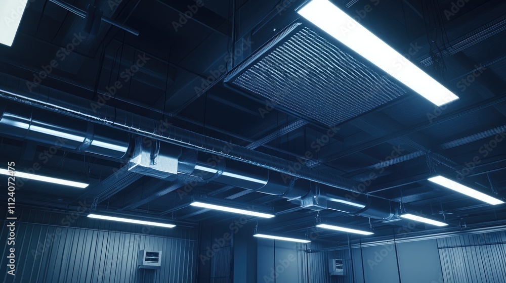 Fototapeta premium Industrial Ceiling with Modern Lighting and Air Ventilation Design