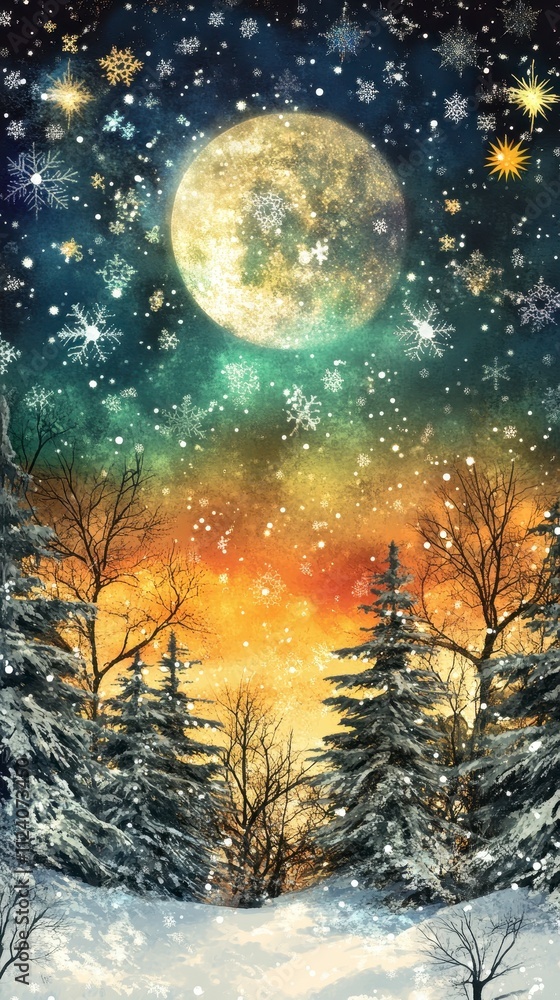 Naklejka premium Enchanting winter scene under a glowing moon