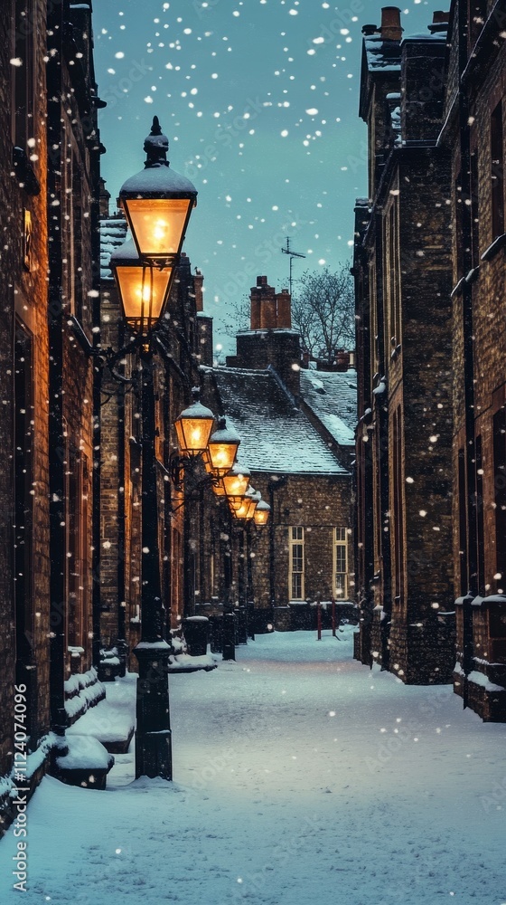 Fototapeta premium Snowy street illuminated by vintage lamps in winter night