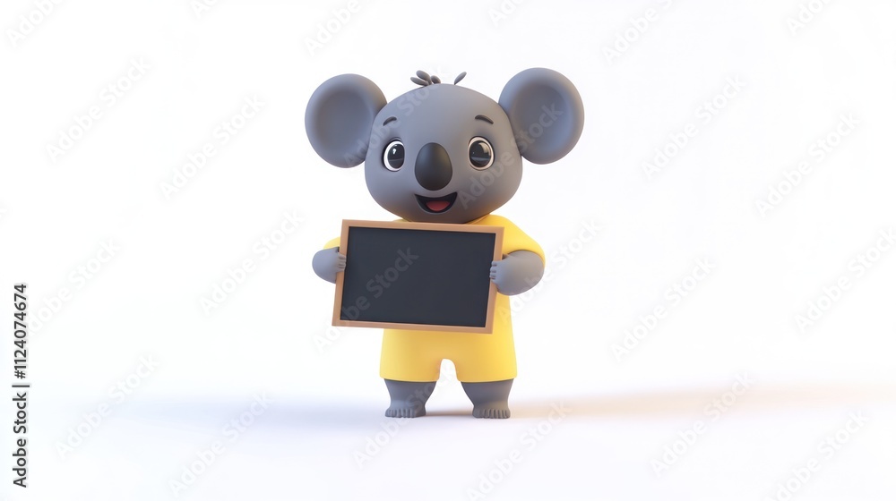 A cheerful cartoon koala holding a blank chalkboard, ready for writing or drawing. A cheerful cartoon koala holding a blank chalkboard, ready for writing or drawing.
