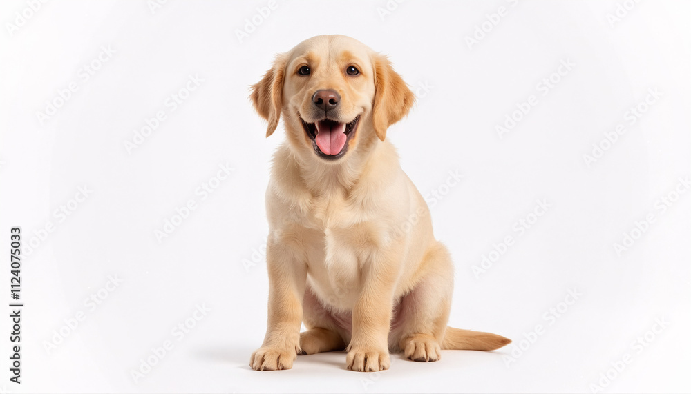 Fototapeta premium Joyful Golden Retriever Puppy Smiling Cheerfully Isolated On White Background