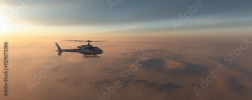 A helicopter in a remote terrain, expedition, journailist repo, emergency or a covert, undercover mission. Helicopoter activity concept. Private chopper or helicopter. photo