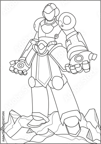 Children's coloring book with a black and white outline robot theme.