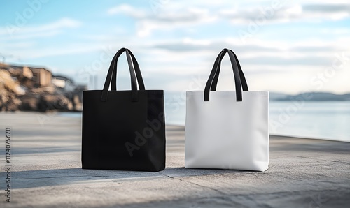 Canvas bag. mockup of fabric tote. Cloth totebag with handle. template of black and white cotton eco bag. Reusable tote for shopping. Blank mock for shopper. Ecobag for grocery. Vector,


 photo