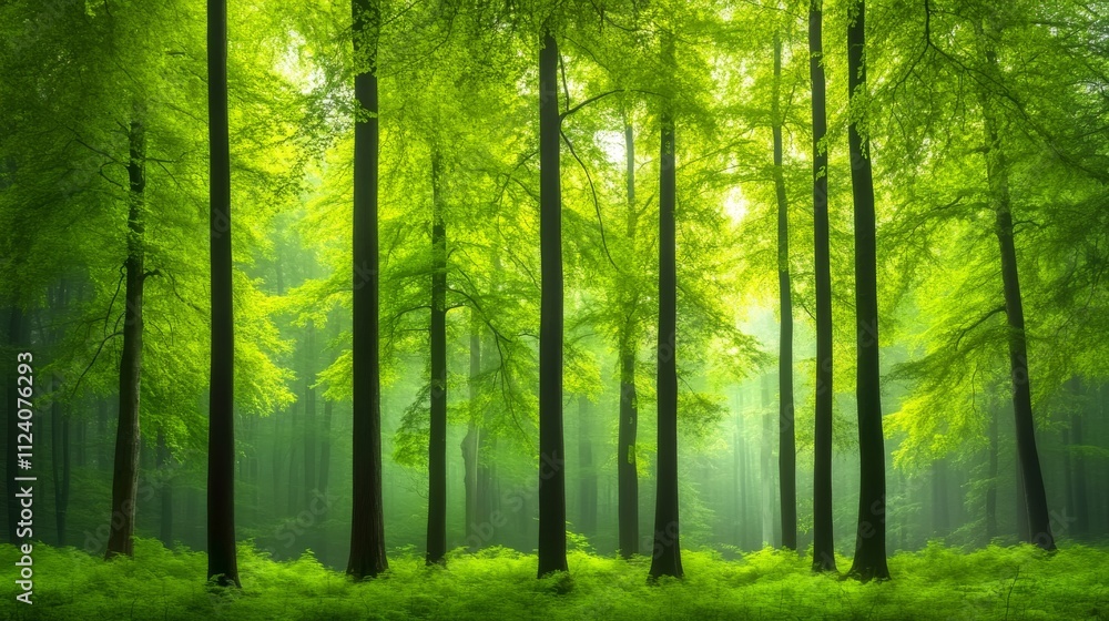 Obraz premium Lush green forest with sunlight filtering through the trees.