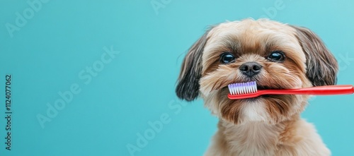 A dog holding a toothbrush in its mouth, promoting dental care for pets. photo