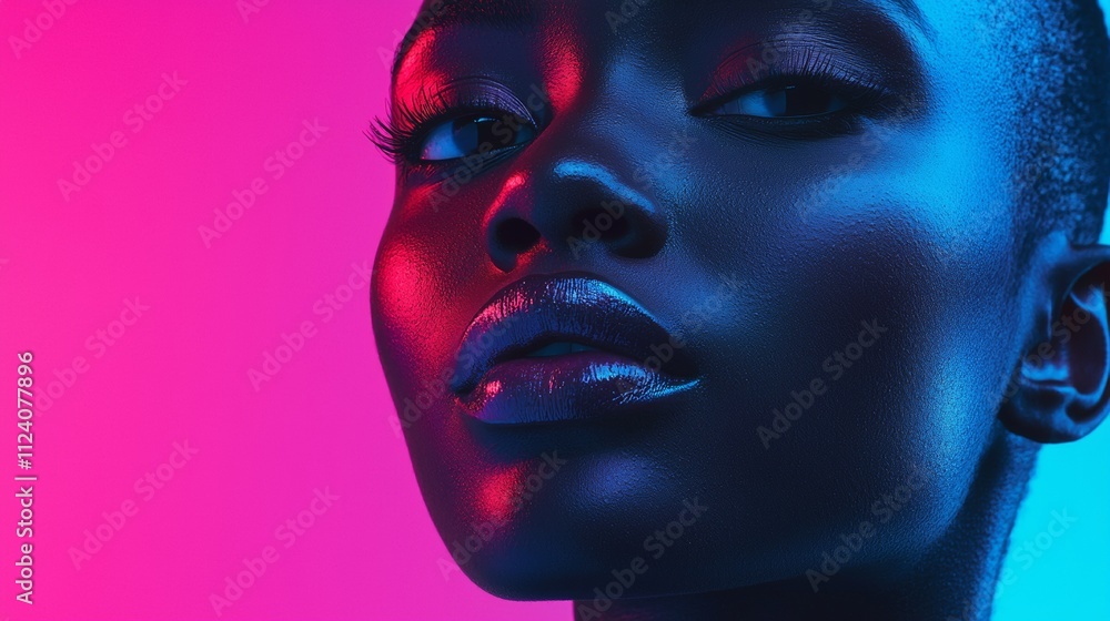 Neon portrait of woman with glowing pink and blue tones Neon portrait of woman with glowing pink and blue tones