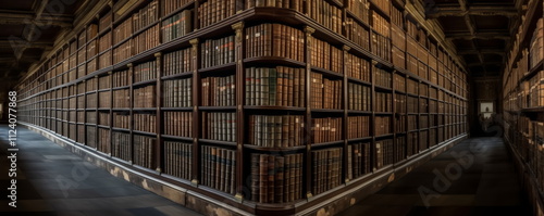 Library of books. Old library holding many historical old books and manuscripts, like a national library. Wide format. Hand edited generative AI. photo